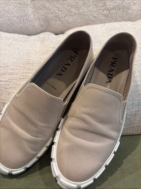 Prada Neutral Canvas Slip-On Sneakers